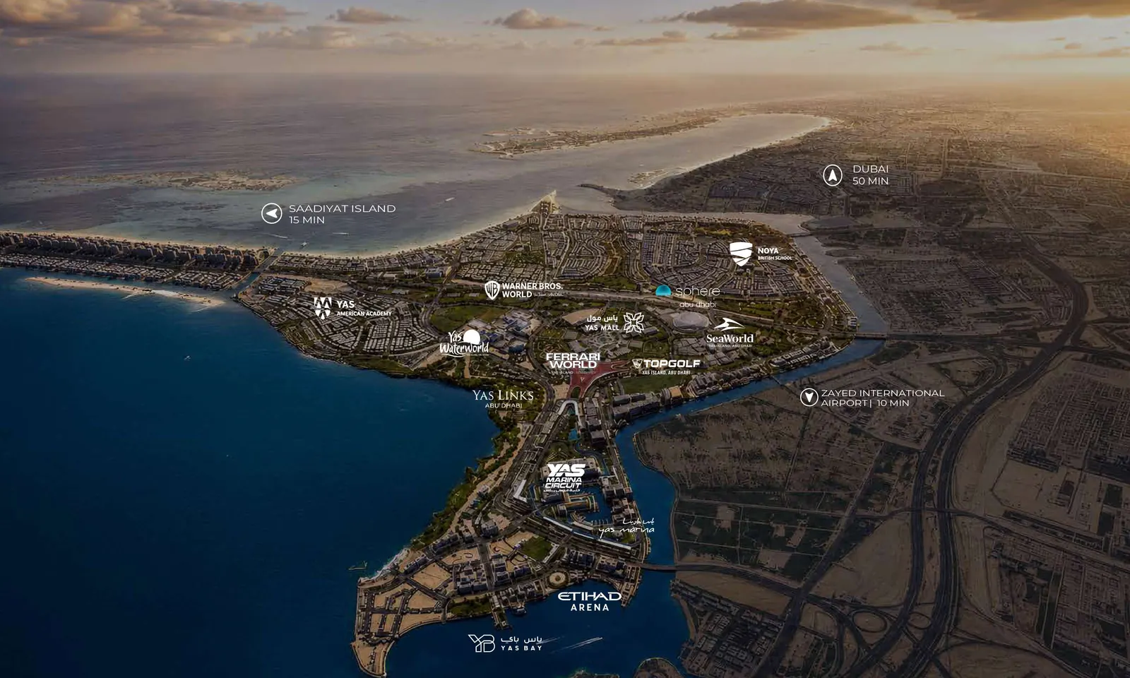 Aerial map of Yas Island with Yas Mall, Ferrari World, Warner Bros. World, SeaWorld, Yas Marina Circuit and Yas Bay