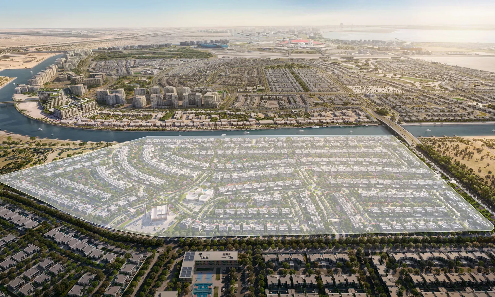 Aerial masterplan with the Yas Riva Reserve site outlined beside the canal, opposite Yas Riva