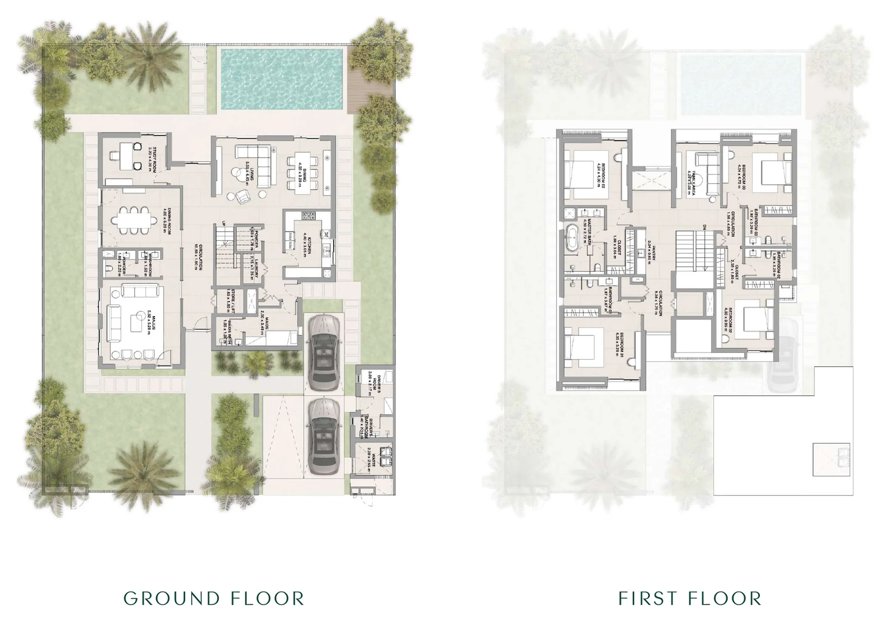 Ground and first floor plans of the 4-bedroom inland villa
