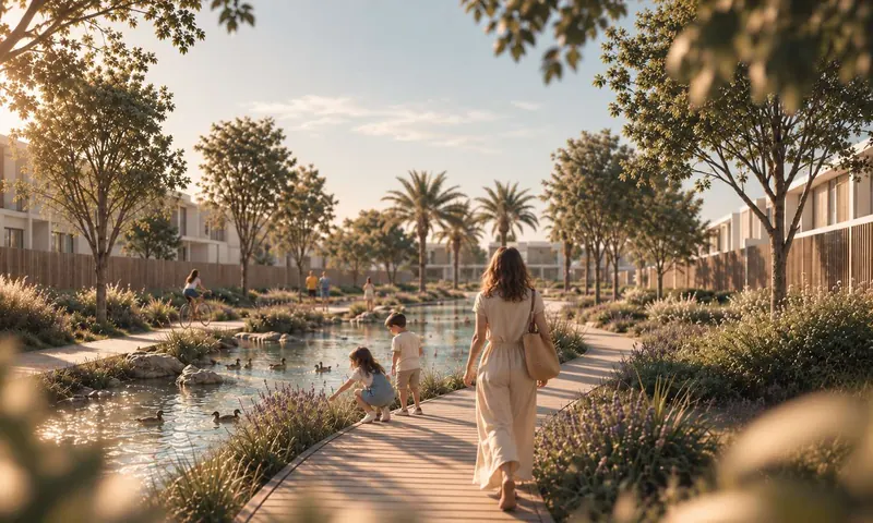 A family walks a boardwalk beside a stream in the neighbourhood park