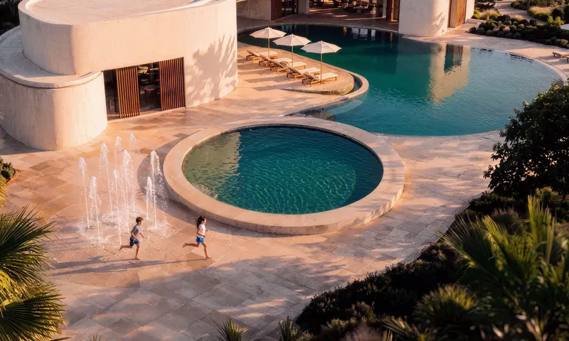 Children run through fountains beside the clubhouse’s round pool