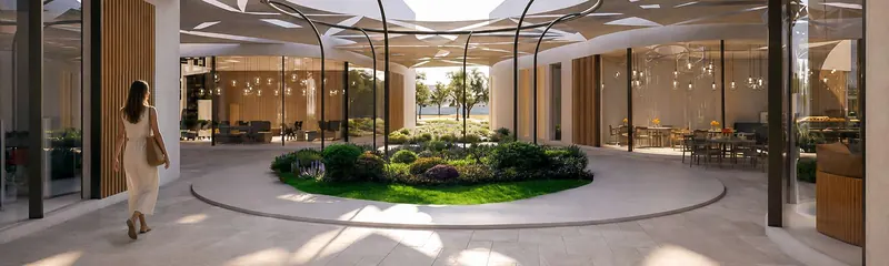 The retail village courtyard with a café and planted garden