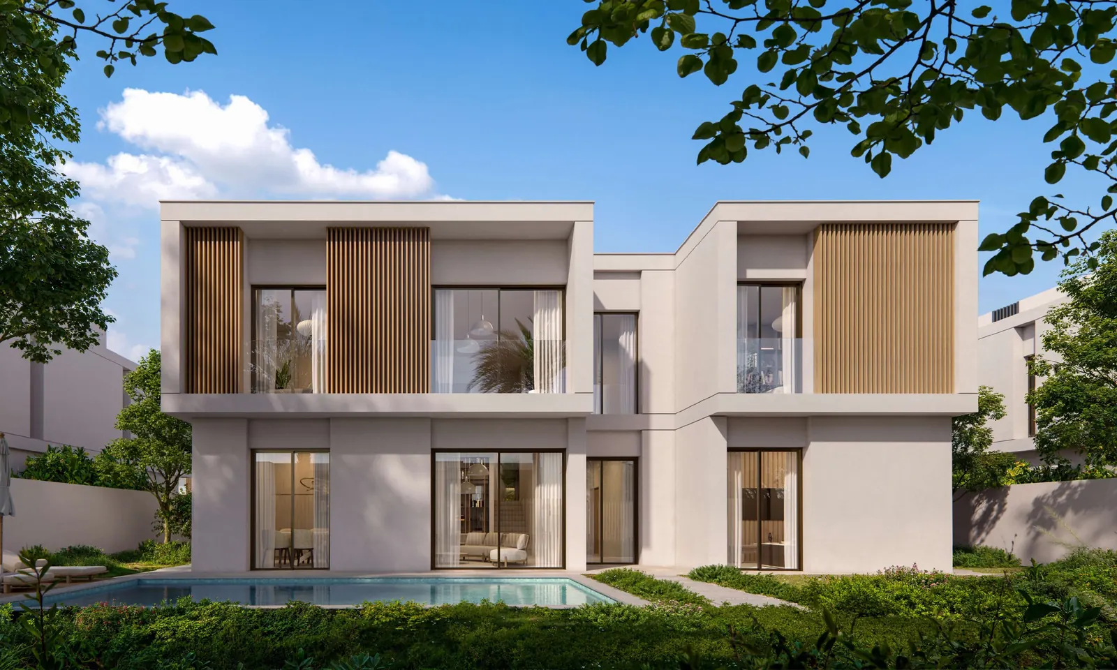 Garden façade of the 4-bedroom inland villa with timber screens and a private pool